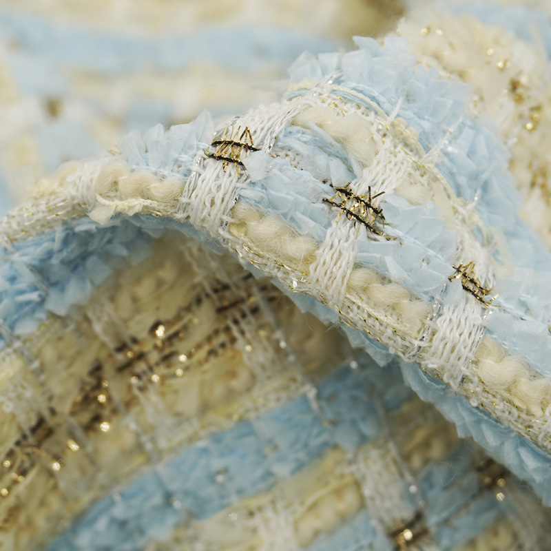 Sewing Tweed Fabric - Blue Gold Interlace Plaid Tweed fabric