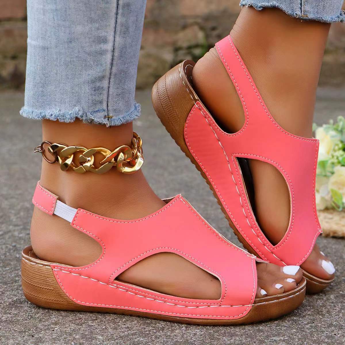 Elastic Waistband Roll - Women's Comfort Wedges Sandals Summer Casual