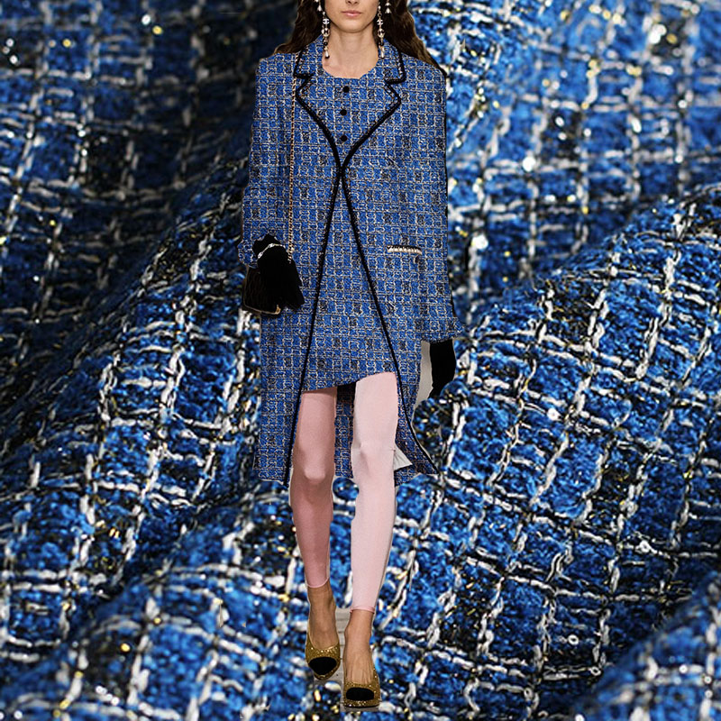 Sewing Tweed Fabric - Blue Color Lattice Pattern Yarn-Dyed Braided