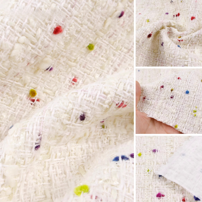 Sewing Tweed Fabric - Creamy White 3D Grid Colorful Dots